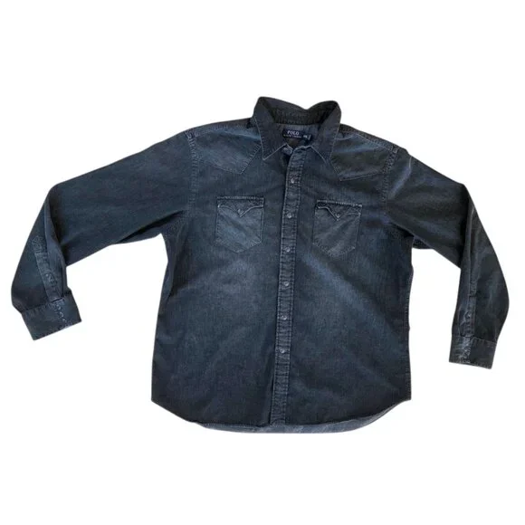 Polo Ralph Lauren Men's XXL Western Shirt Washed Black 100% Cotton Snap Front - Picture 3 of 16